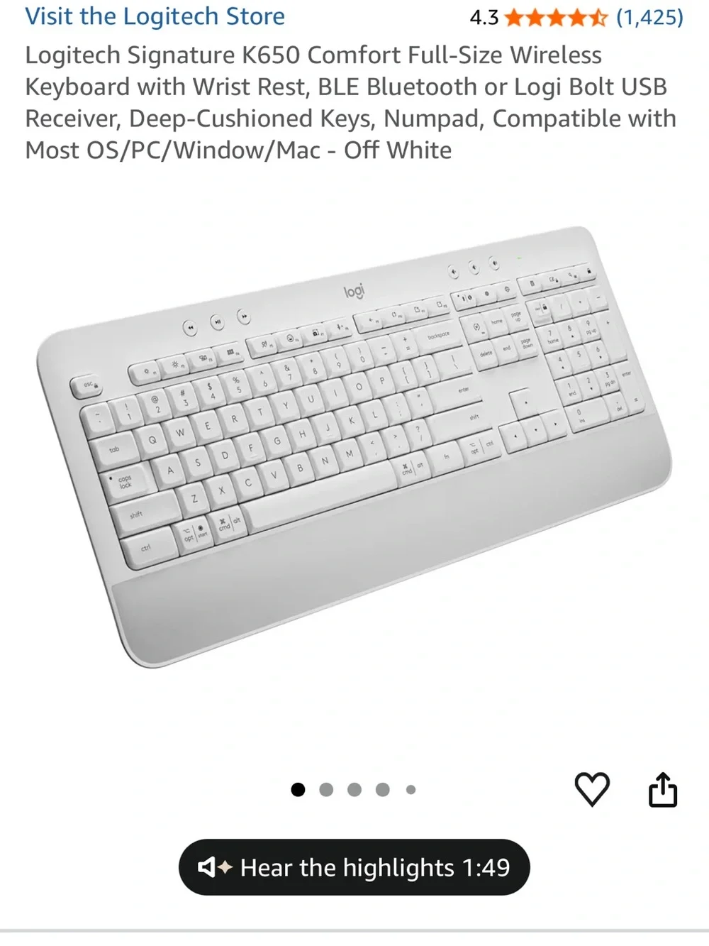 Logitech Off-White Wireless Full-Size Keyboard with Integrated Wrist Rest